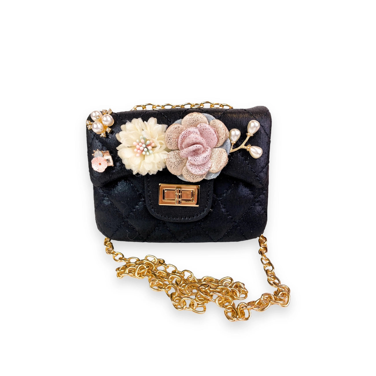 FLORAL APPLIQUES QUILTED BAG SHINY - BLACK