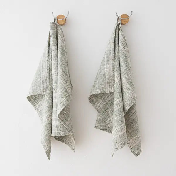 LINEN HAND TOWELS FORREST GREEN NATURAL MULTI STRIPE