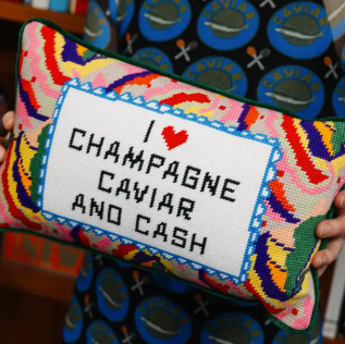 NEEDLEPOINT PILLOW CAVIAR AND CASH