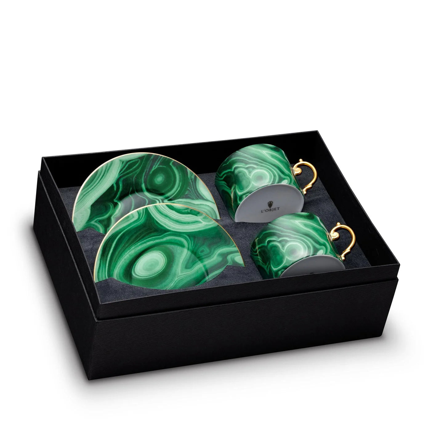 MALACHITE TEA CUPS AND SAUCER SET OF 2