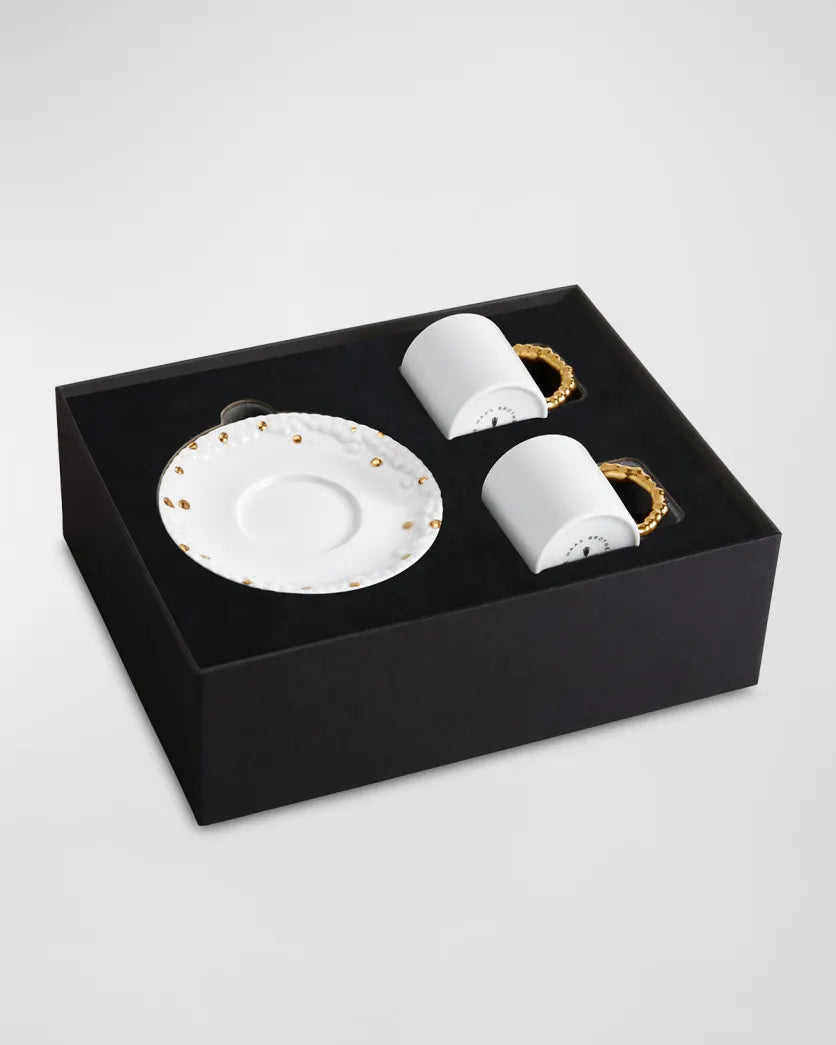 HAAS MOJAVE TEA CUP + SAUCER SET OF 2 - WHITE & GOLD