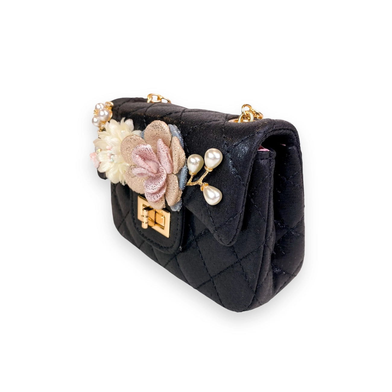 FLORAL APPLIQUES QUILTED BAG SHINY - BLACK